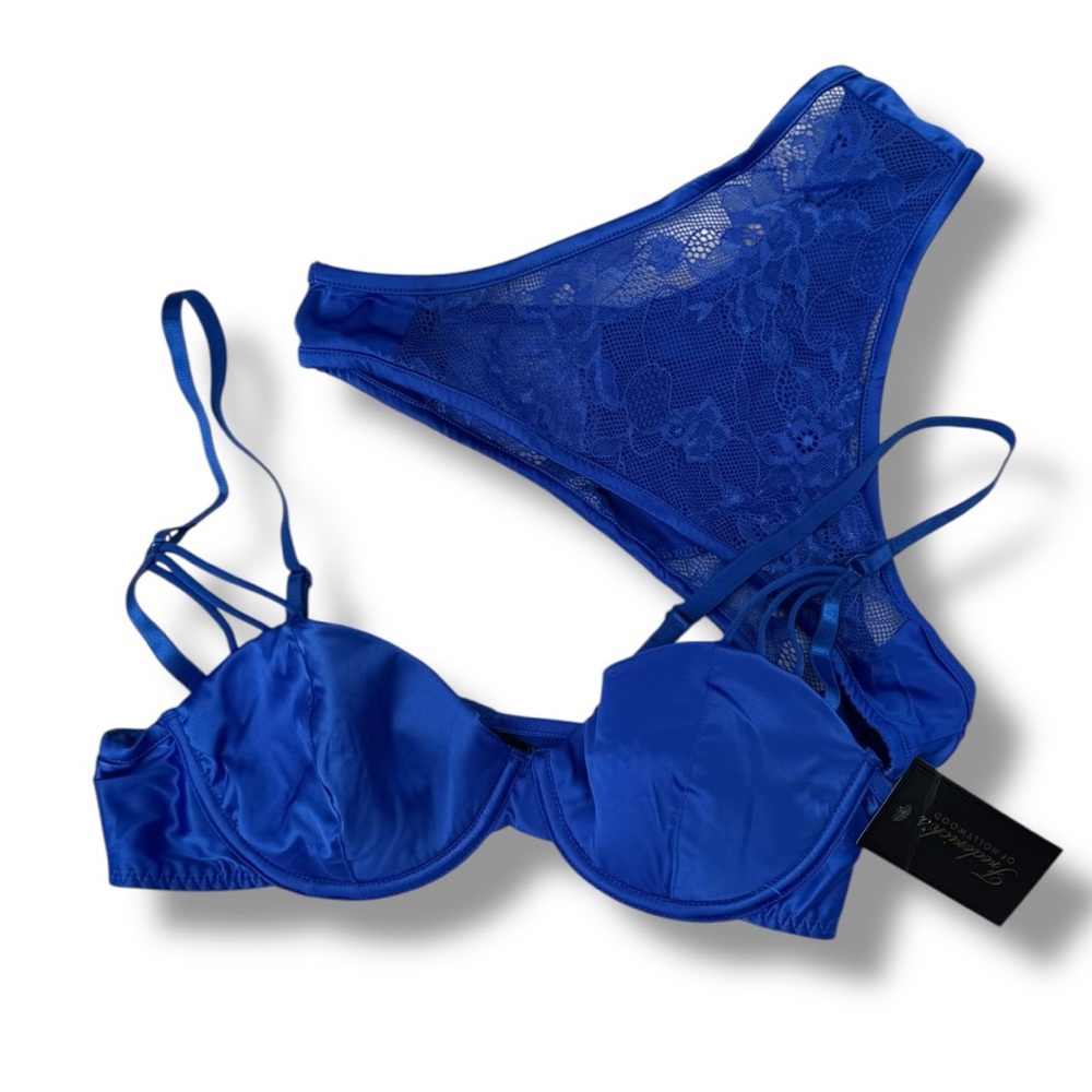 Frederick’s of Hollywood Anais Electric Blue Satin Lingerie Bra Top & Bottom S